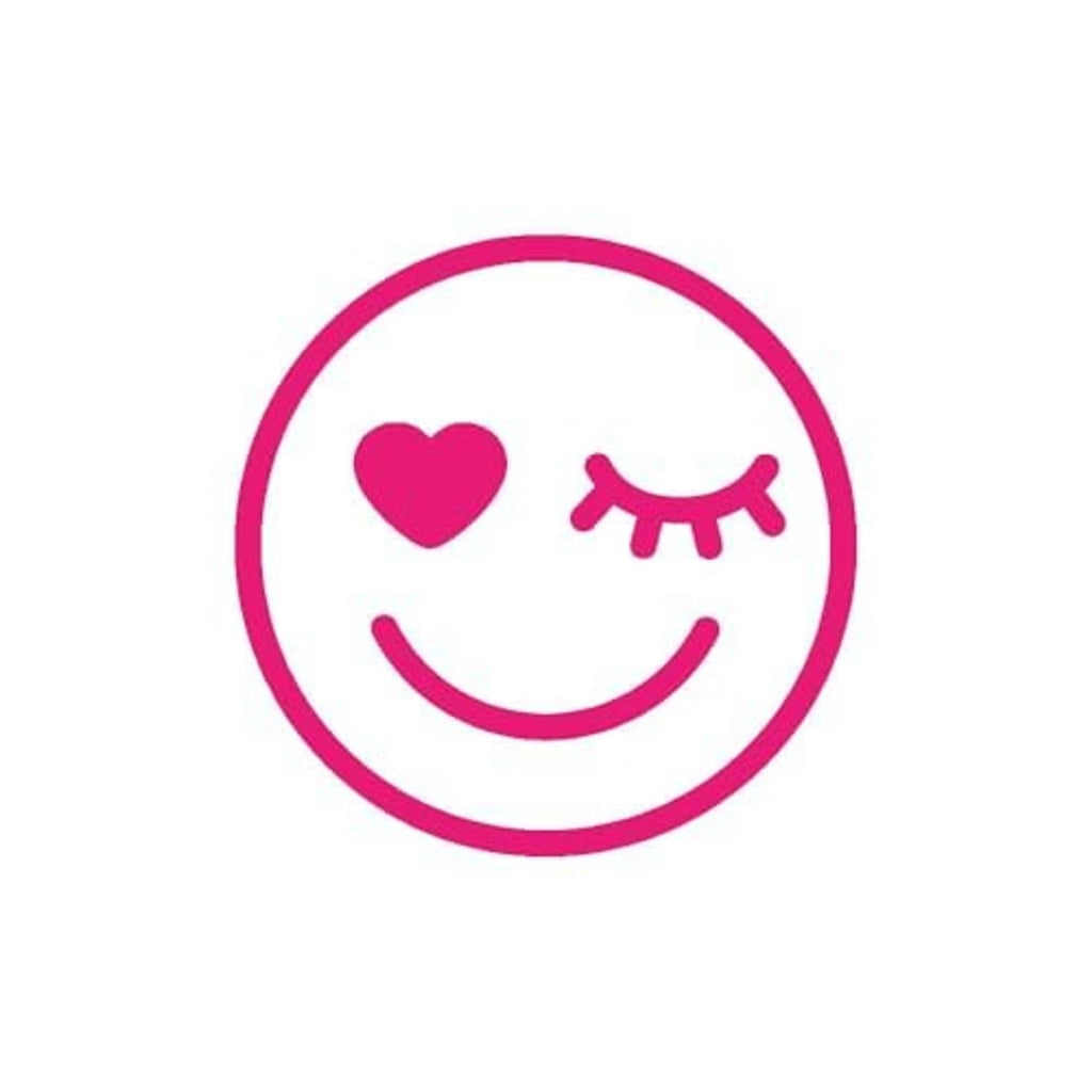 Pink smiley icon with heart and eyelash graphic