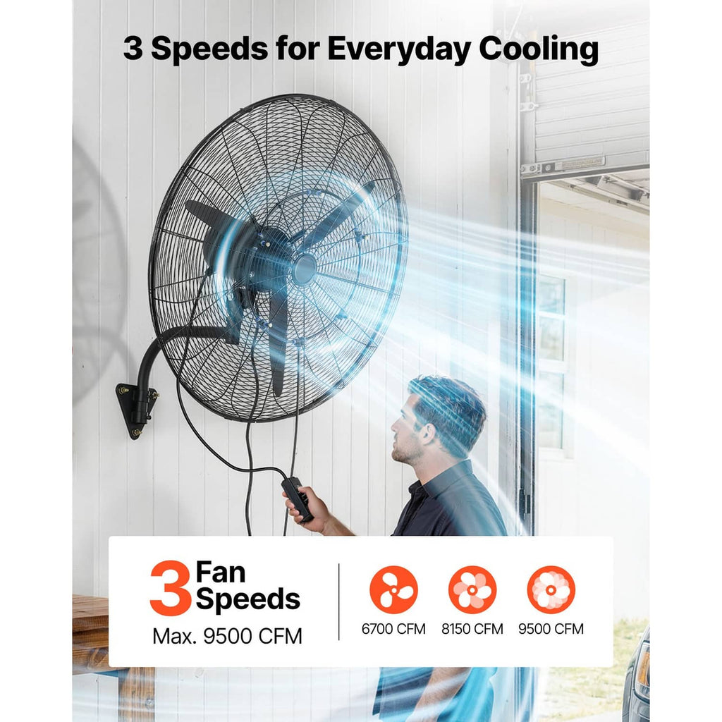 Wall-mounted oscillating fan with mist airflow showing blue stream through the grille.