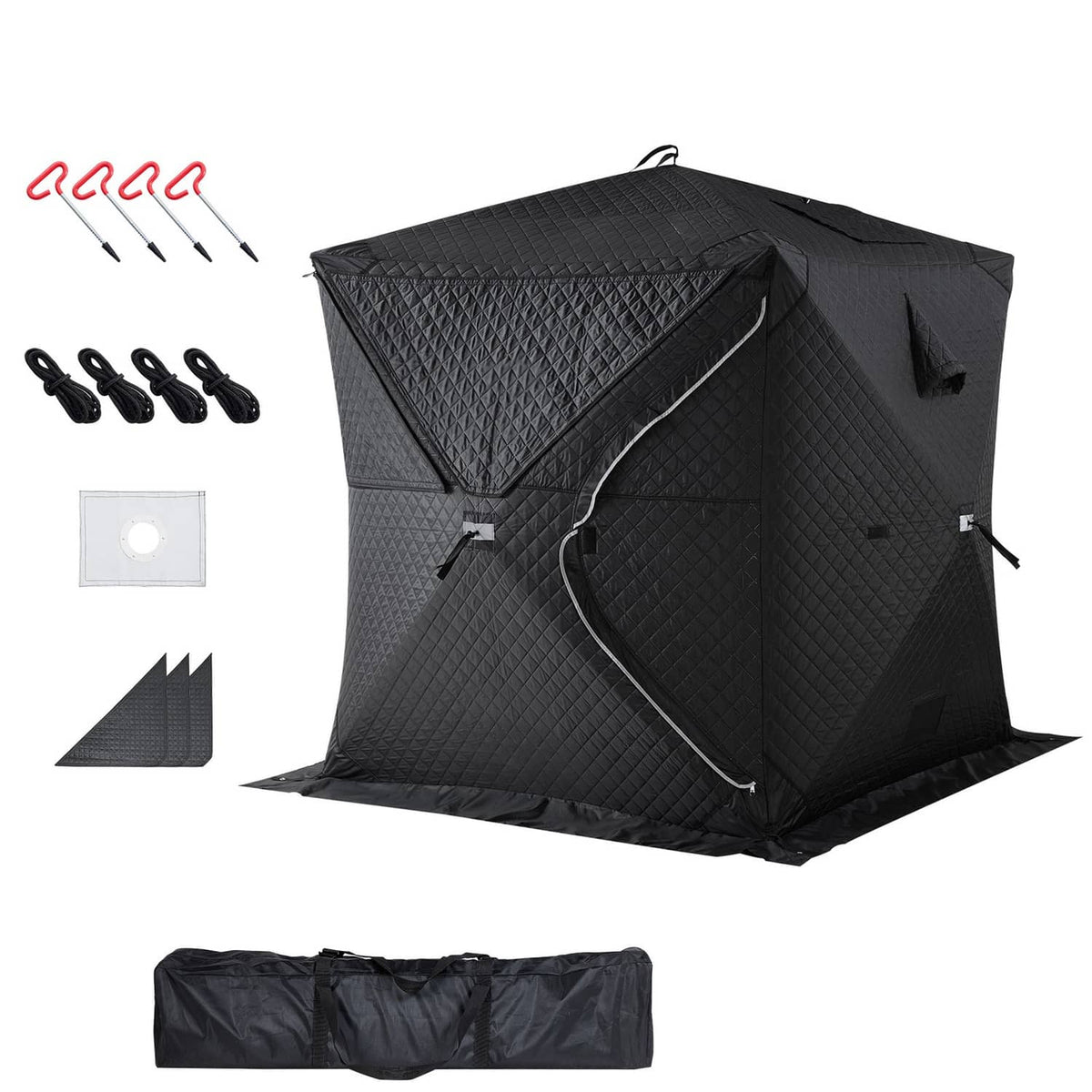 Black sauna tent with front and side access panels plus included accessories