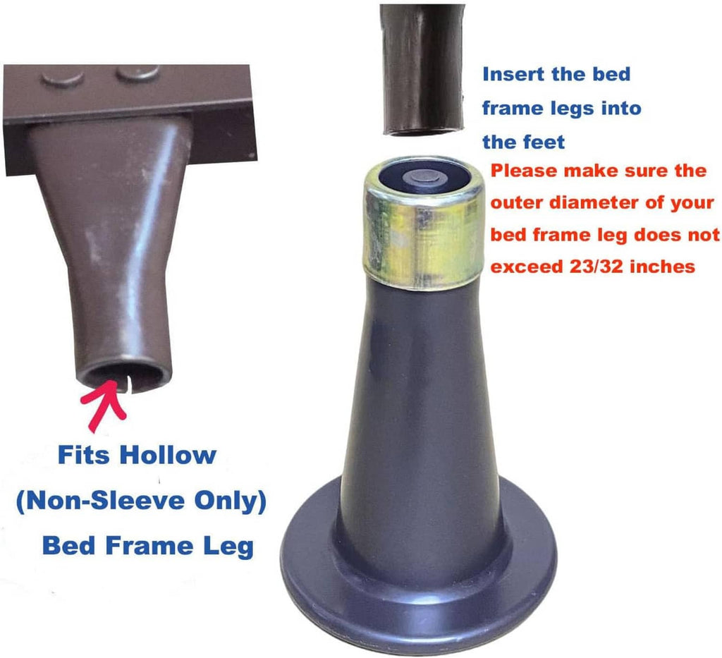 Reinforced bed frame foot for hollow legs, dark stem with round base and yellow ring