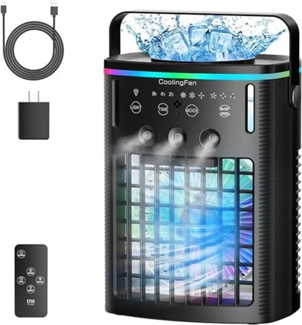 Black portable air cooler front view with blue cooling window and side handle
