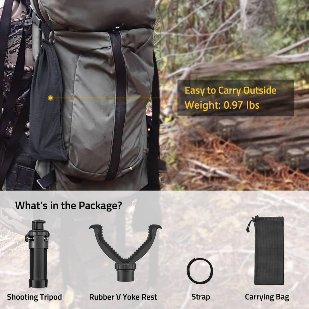 Compact black shooting tripod with rubber V yoke rest for outdoor carrying