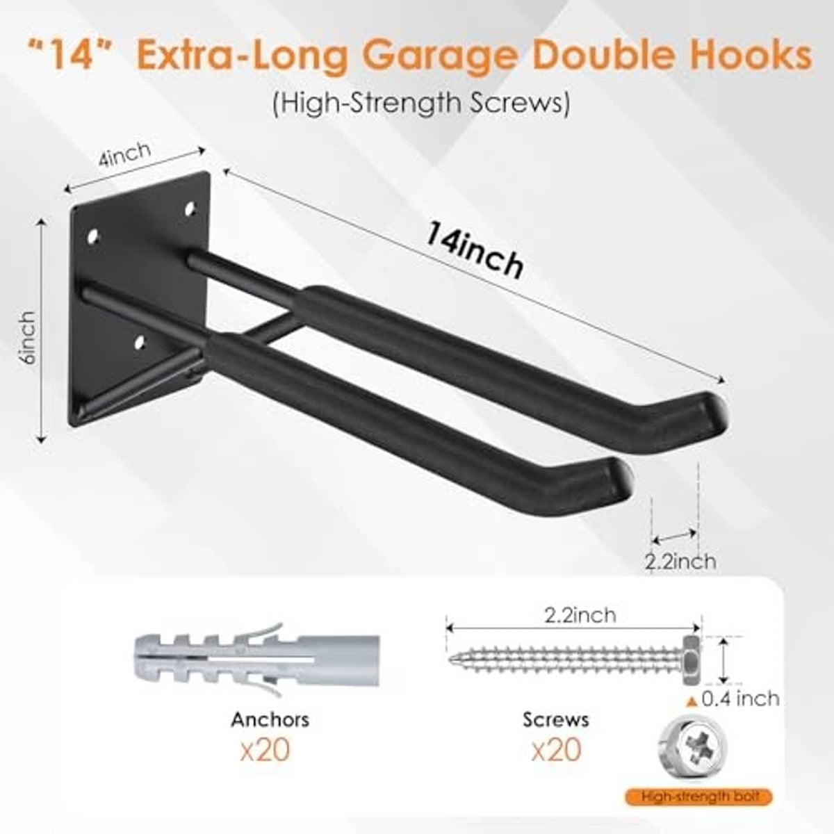 Extra-long double garage hooks with two curved arms and black mounting plate