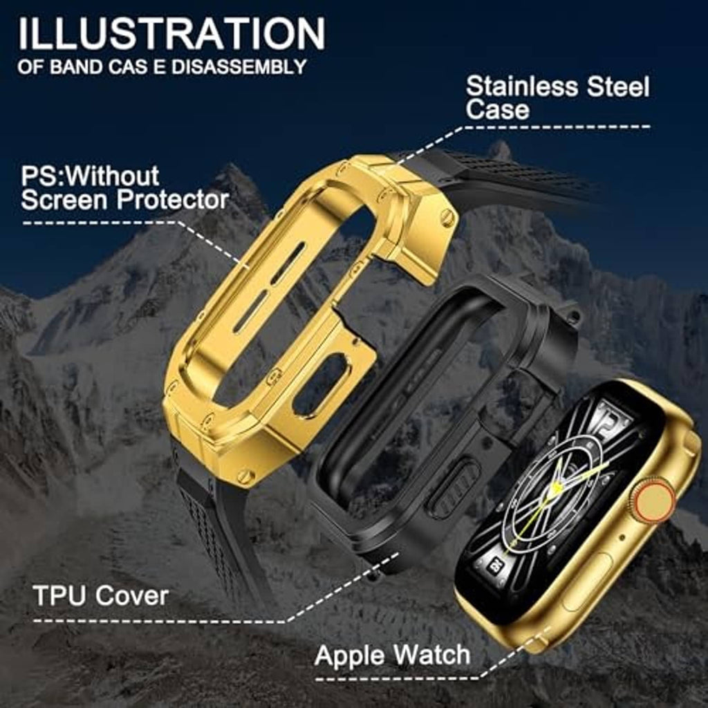 Gold stainless steel watch case with TPU cover and black strap, angled view