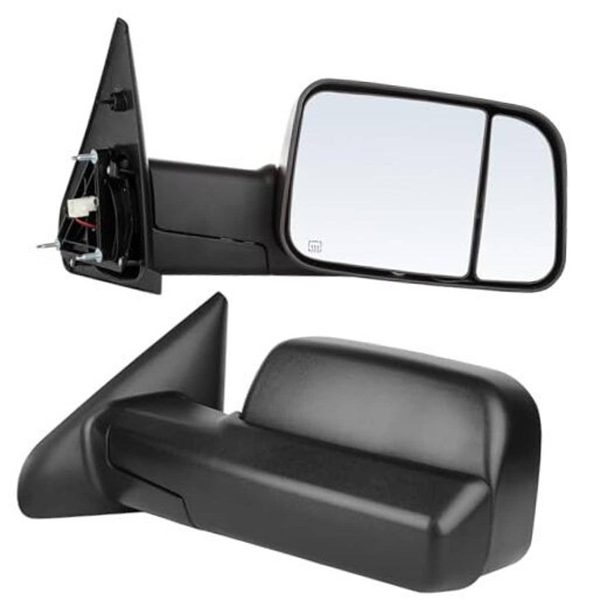 Black towing mirror replacement set with two-piece glass and extended mounting housing