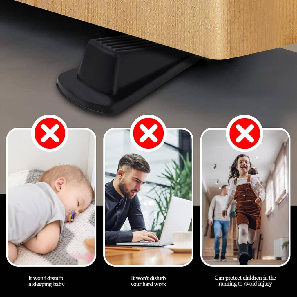 Black rubber door stopper wedge placed under a door to prevent slipping