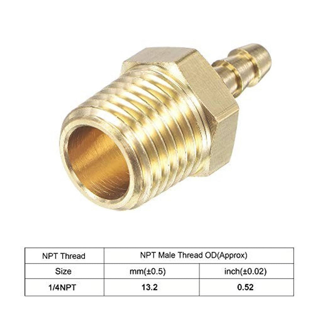 Brass straight hose barb fitting with cylindrical barb, hex nut section, and NPT male thread