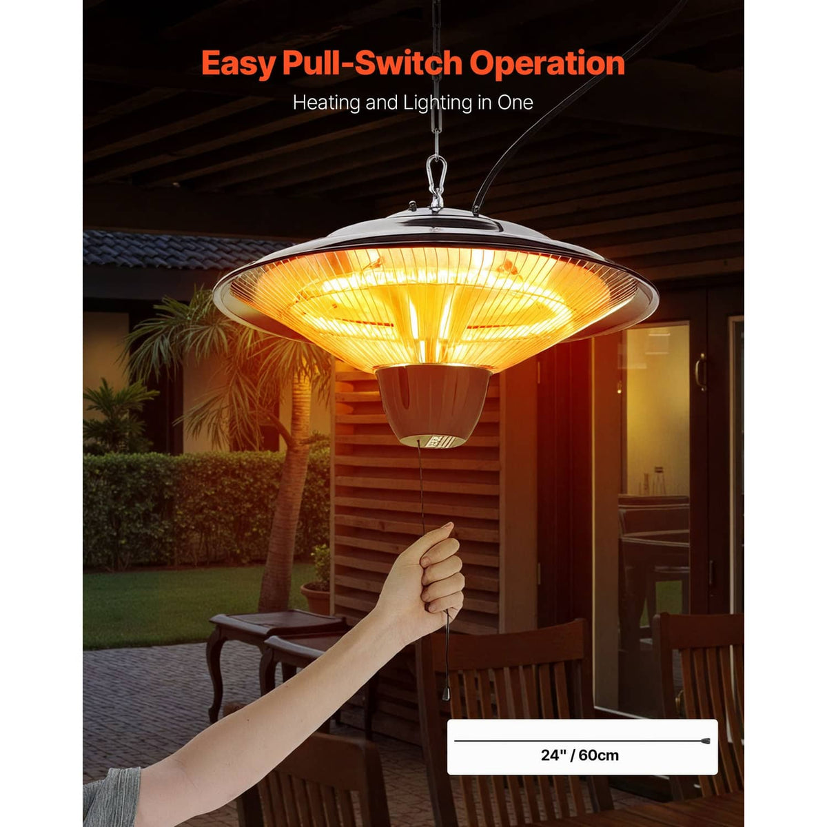 Hanging infrared heater with pull-switch style control and bright orange heat glow