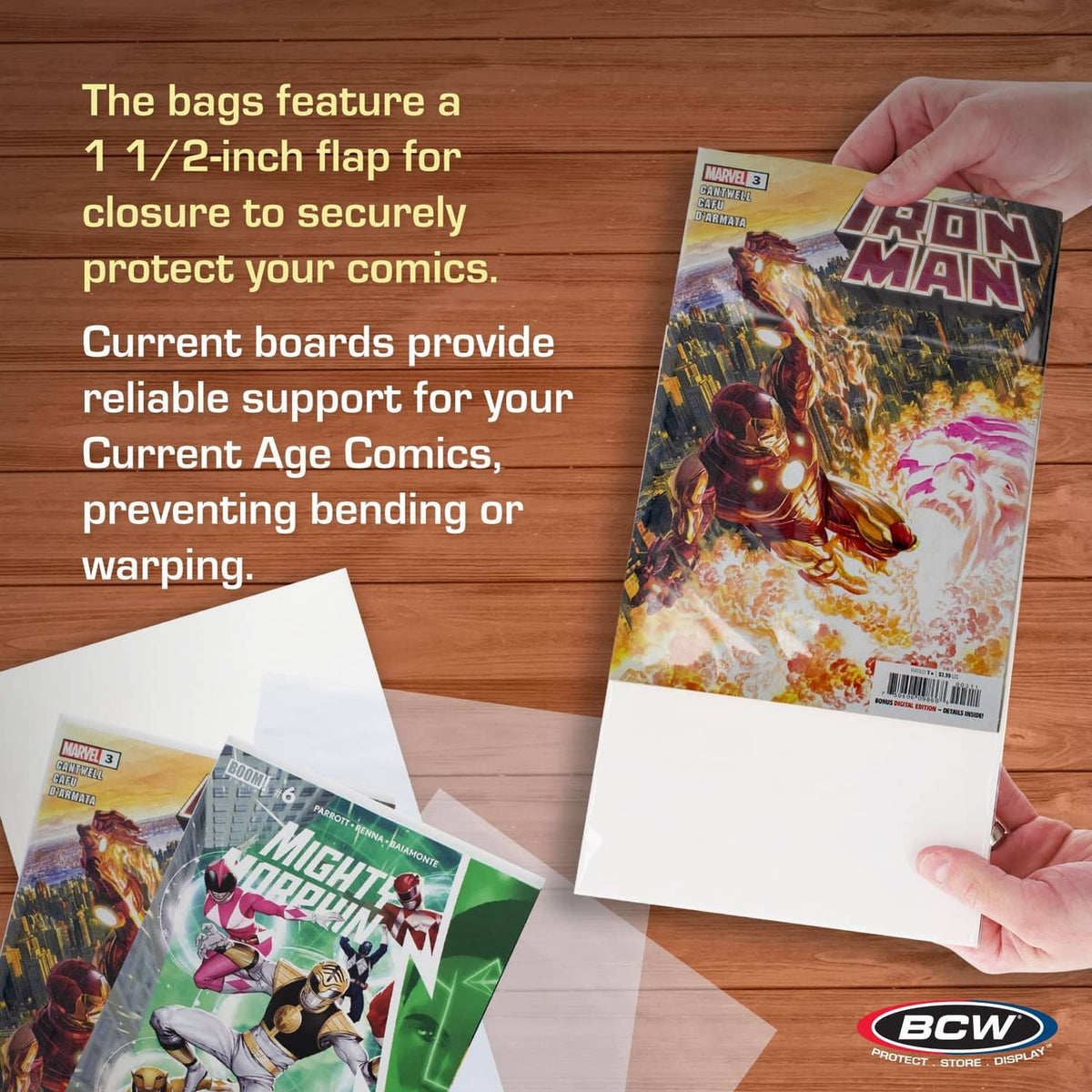 Hand sliding a comic into a clear bag with 1.5-inch flap over backing board
