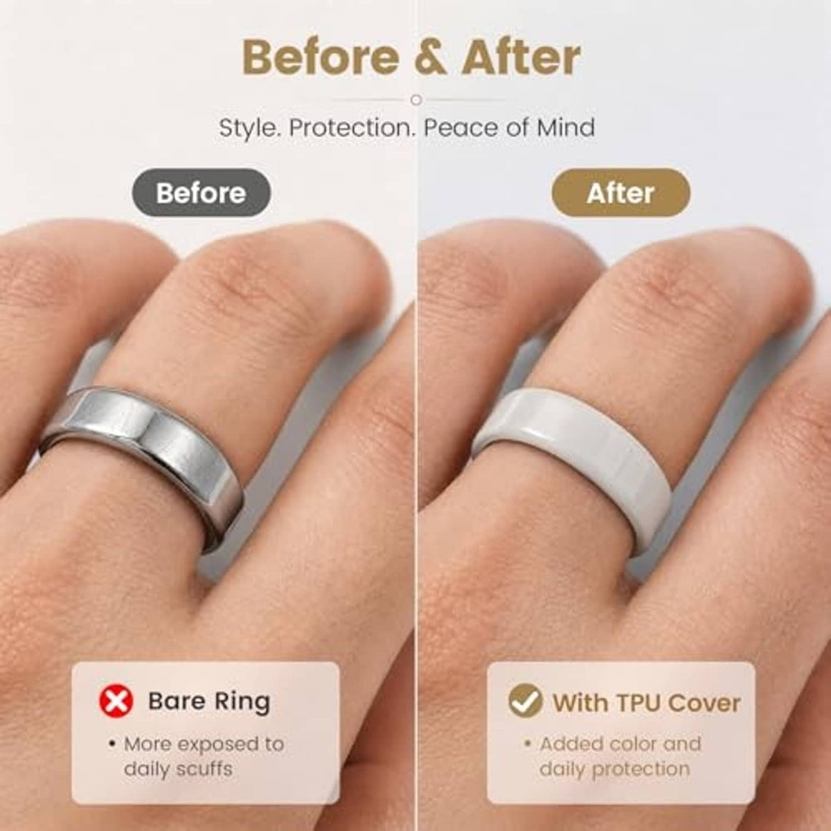 Before-and-after comparison of bare ring vs ring cover on a hand’s finger.