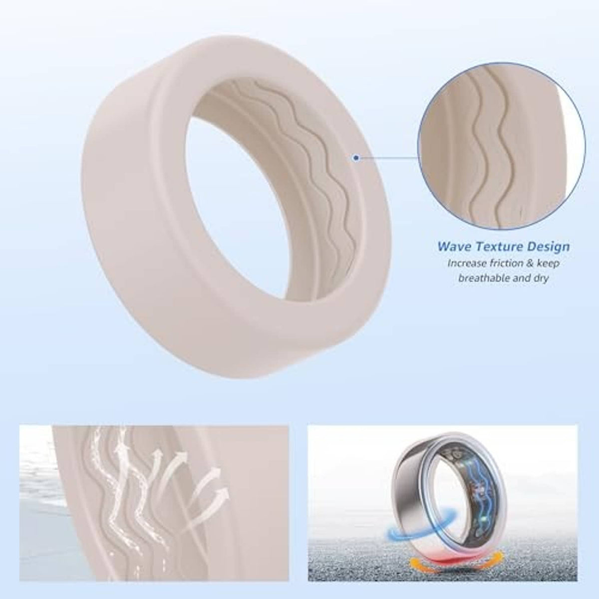 Beige silicone Oura ring cover with wave texture for breathability and grip