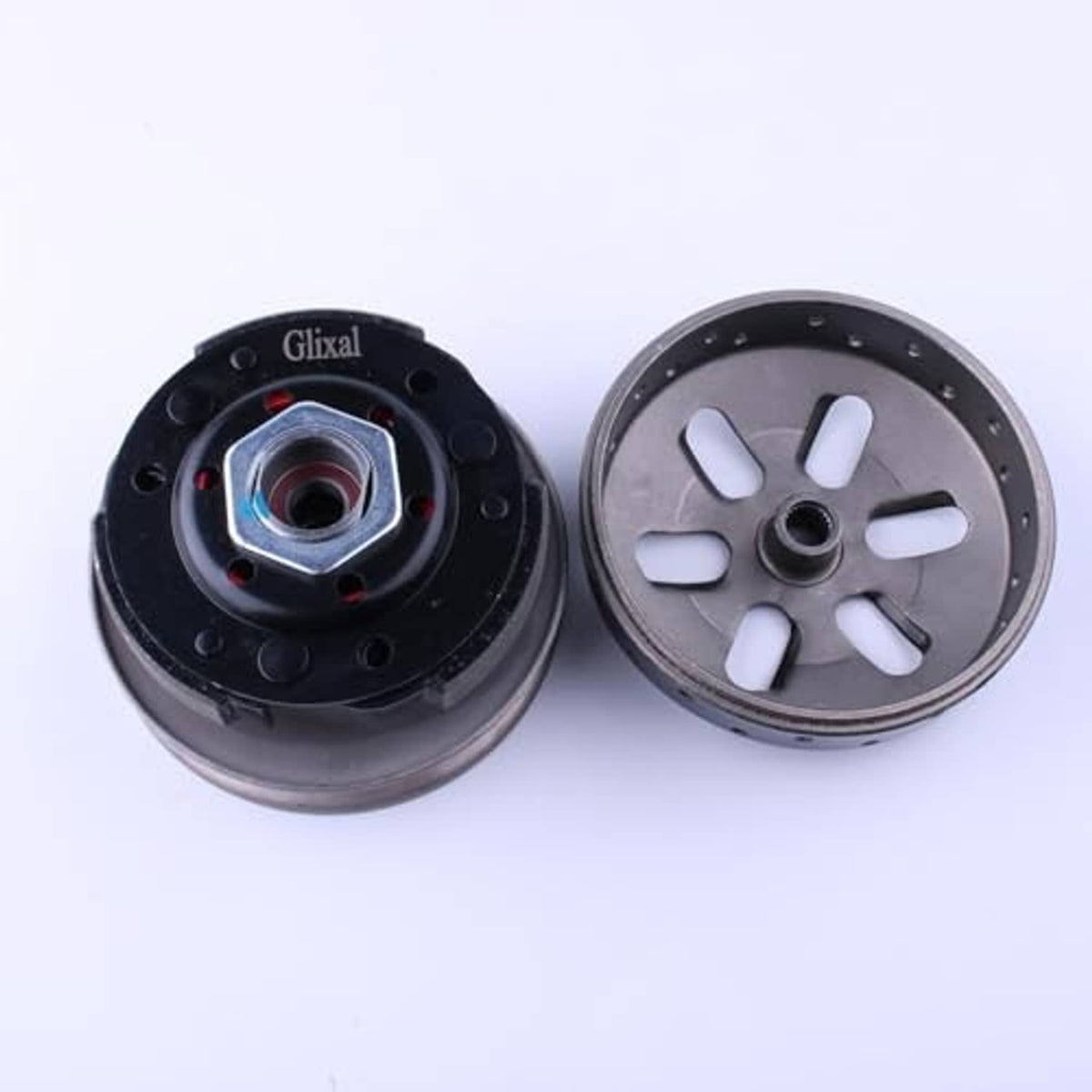 Clutch bell and clutch plate set, black housing with red insert and gray ventilated plate
