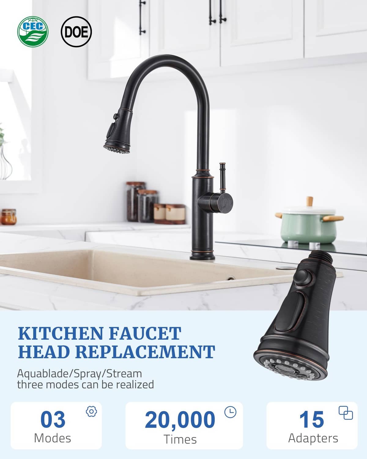 Oil rubbed bronze kitchen faucet spray head replacement mounted on a sink faucet