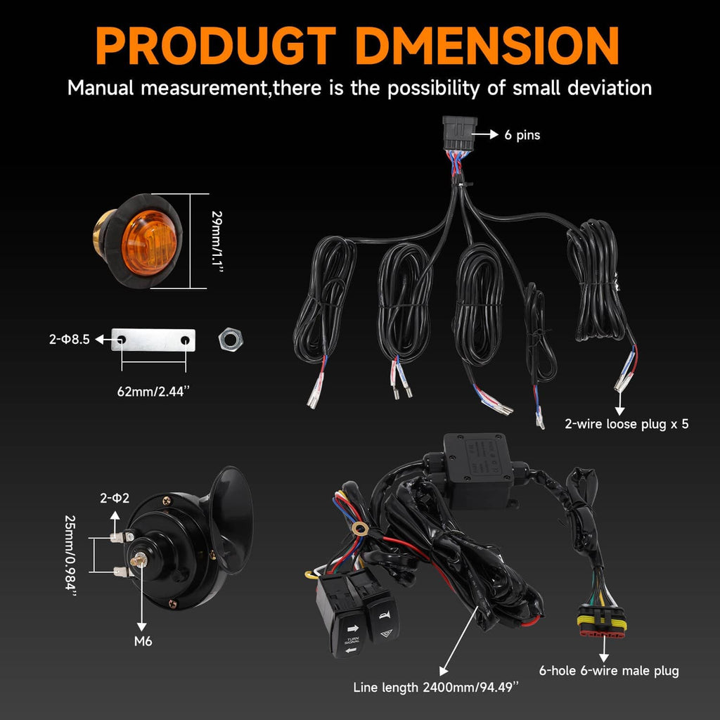 Turn signal horn kit dimensions with horn, switch modules, amber light bulbs, and cables