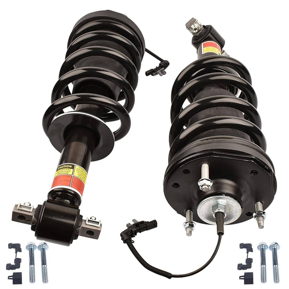 Pair of black front shock strut assemblies with coil springs and sensor cable