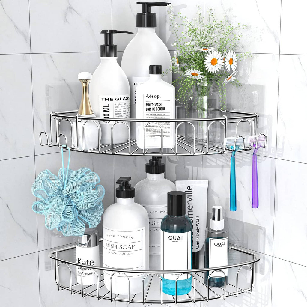 Orimade corner shower caddy, chrome stainless-steel baskets with side hooks