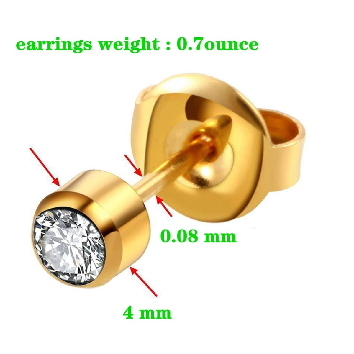 Gold 4mm diamond stud earrings close-up with round bezel