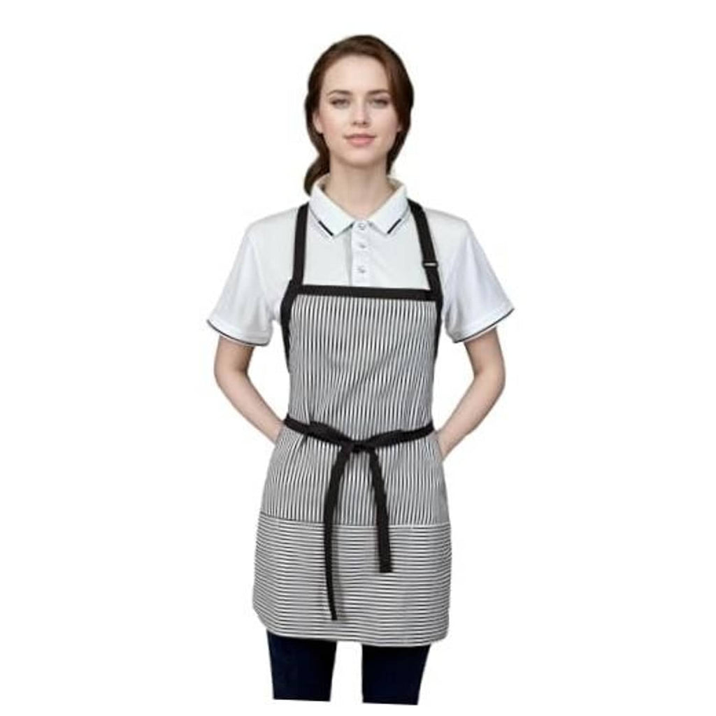 Black-and-white striped server apron with square neckline bib, black straps, waist tie