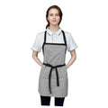 Black-and-white striped server apron with square neckline bib, black straps, waist tie