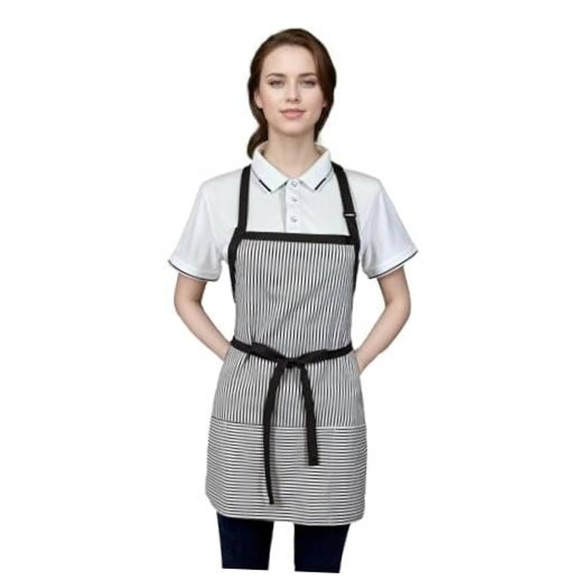 Black-and-white striped server apron with square neckline bib, black straps, waist tie