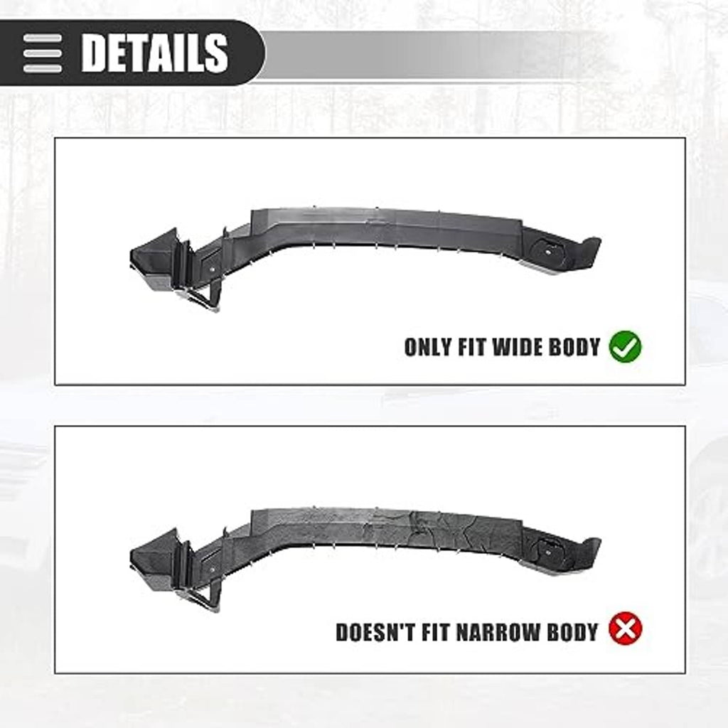 Two-piece black bumper bracket retainers shown for wide-body fit vs narrow body