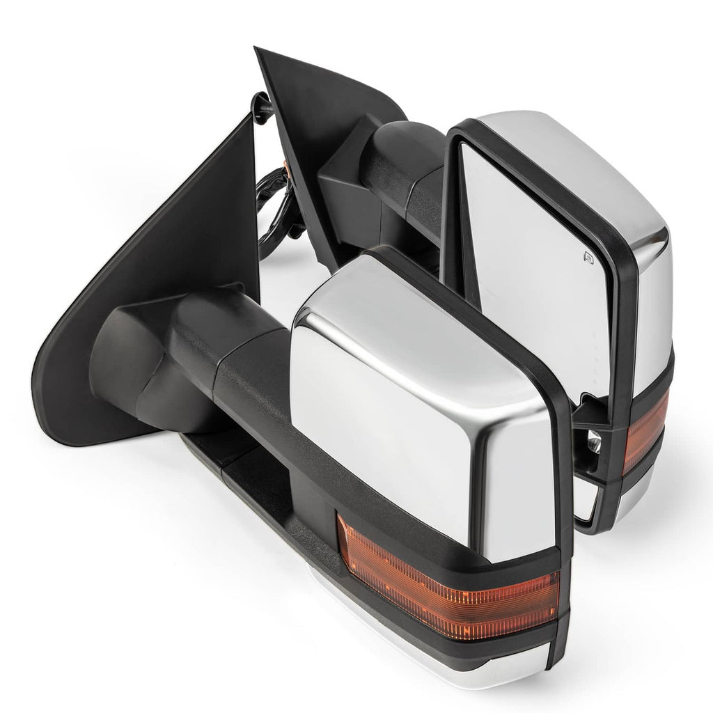 Heated manual tow mirror set with black housing and silver caps, side and front angle