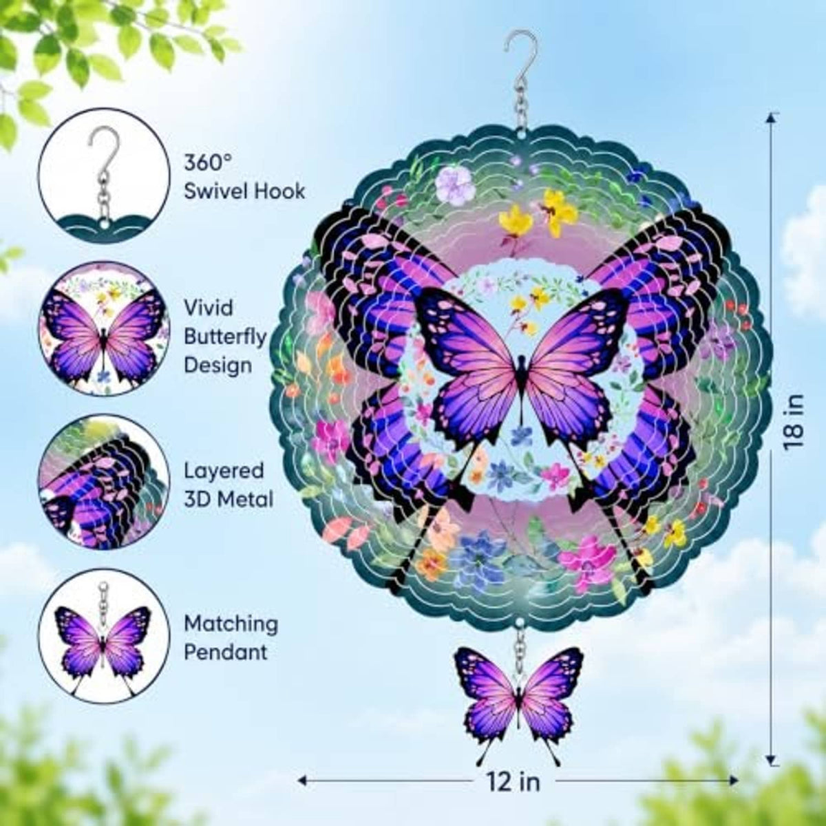 Round 3D butterfly metal wind spinner with top hook and hanging purple butterfly ornament