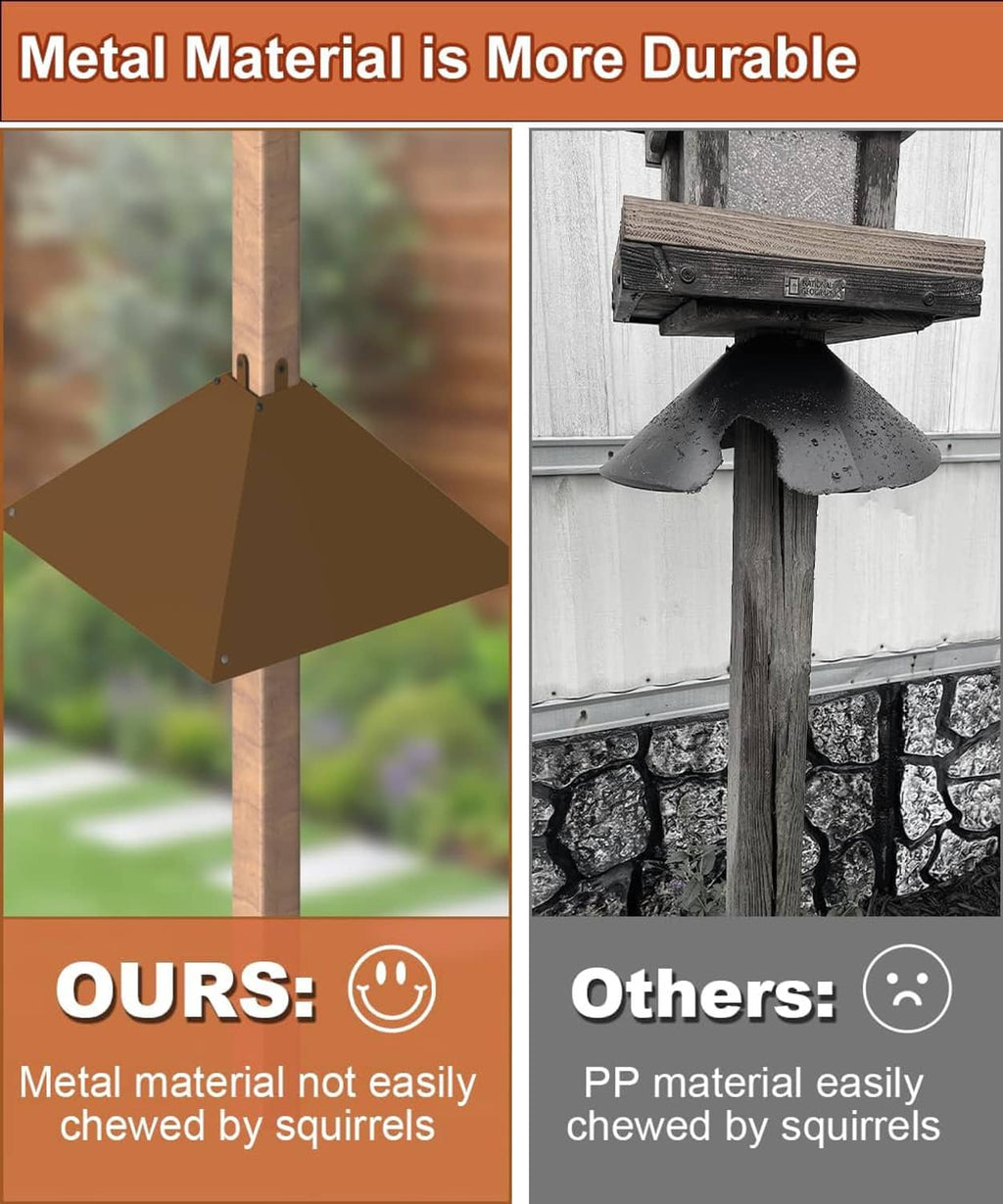 Brown metal squirrel baffle with wide V top and mounting plate for durable weather use