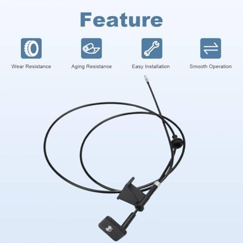 Hood latch release cable loop with black latch handle and metal-tipped wire