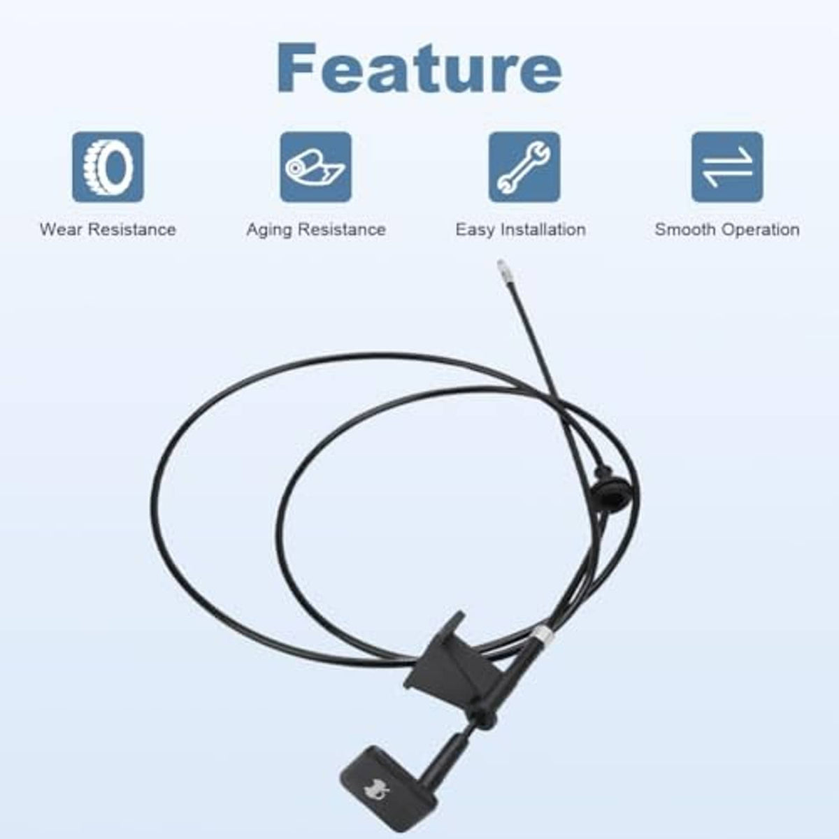 Hood latch release cable loop with black latch handle and metal-tipped wire