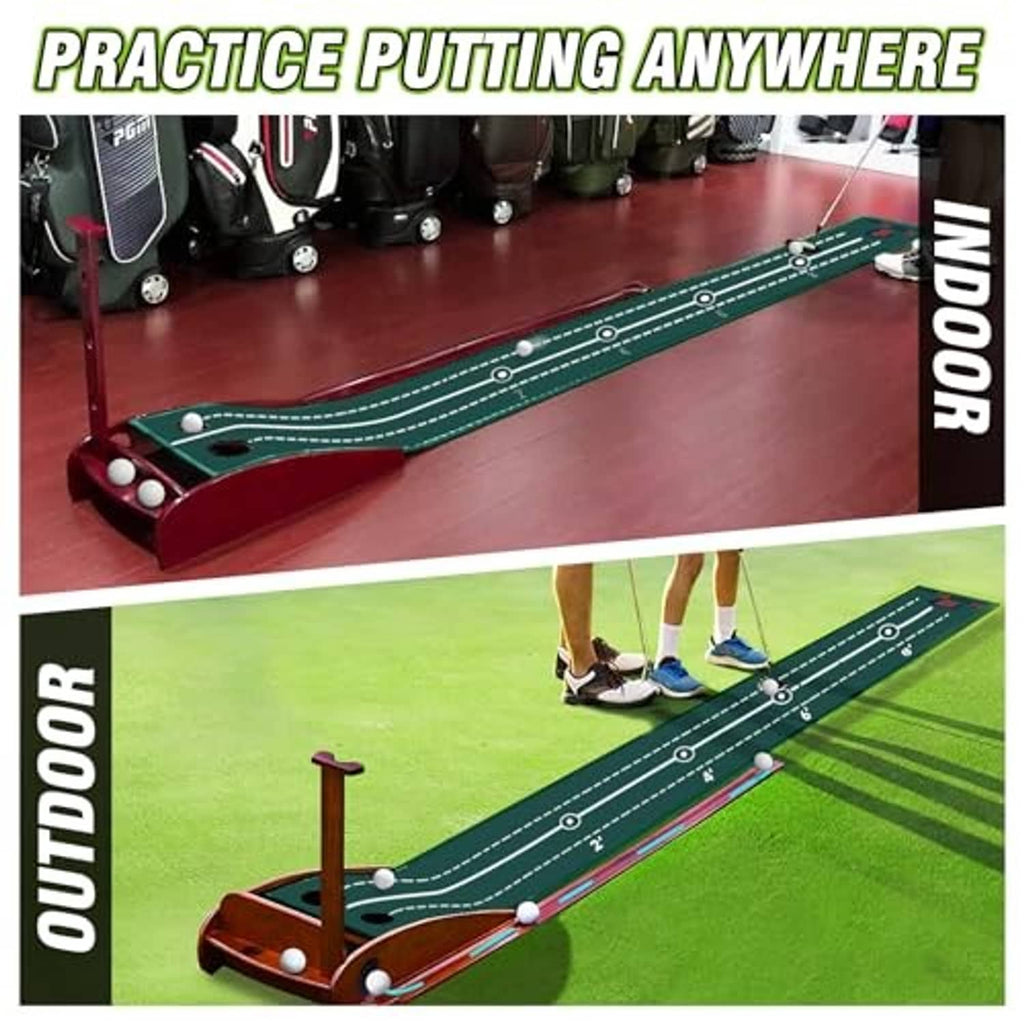 Golf putting mat set up indoors with green lanes and red frame