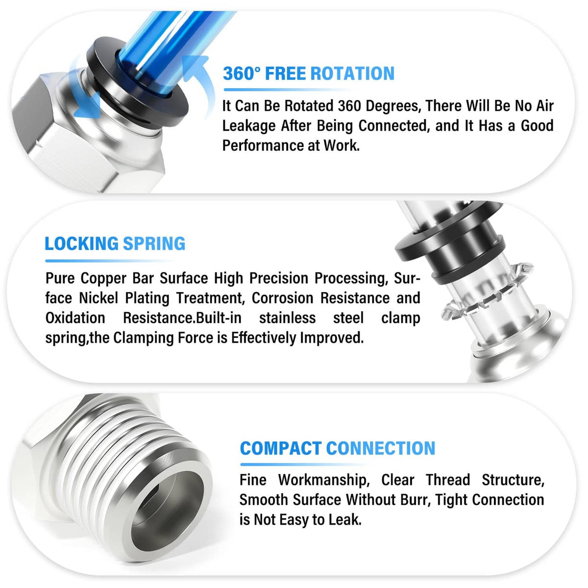 Silver push fitting with blue tube inserted and black seal ring at the socket opening