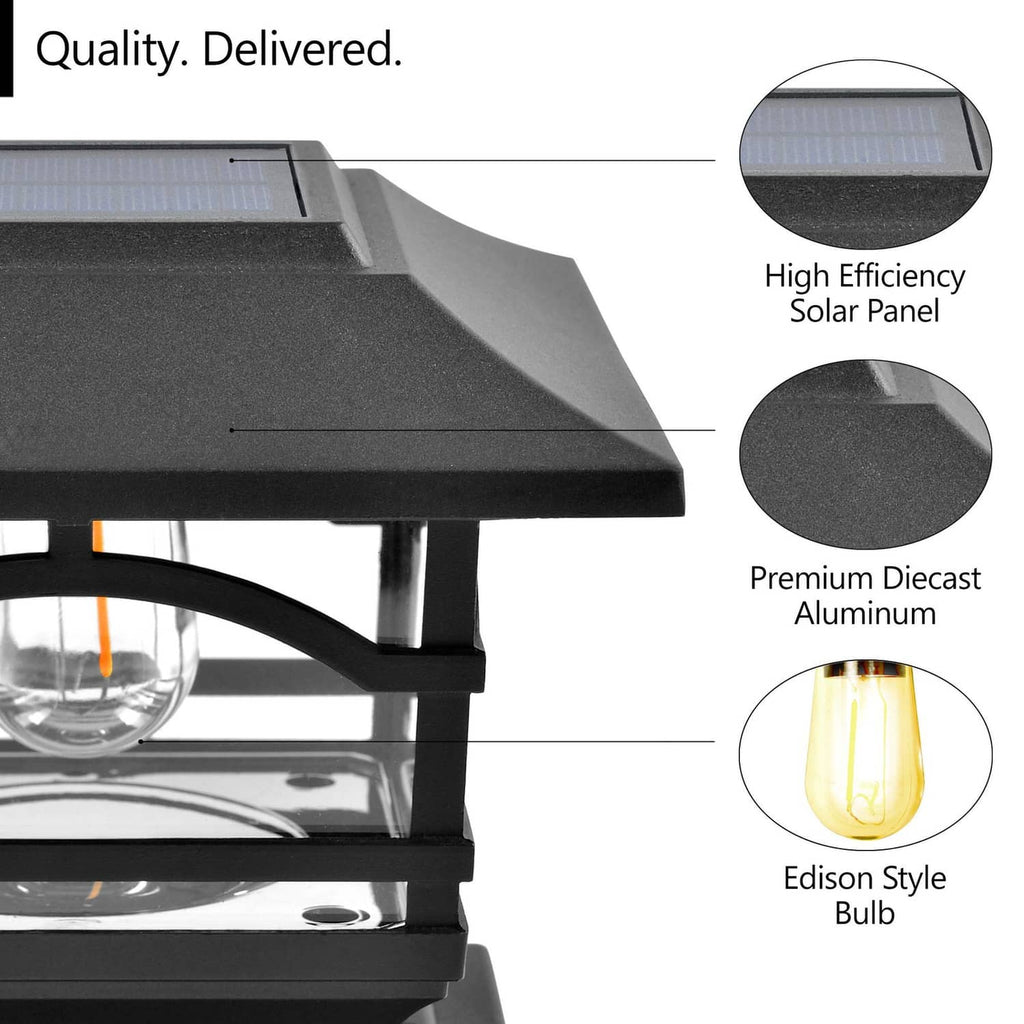 Black solar post cap light close-up with solar panel and Edison-style filament bulb