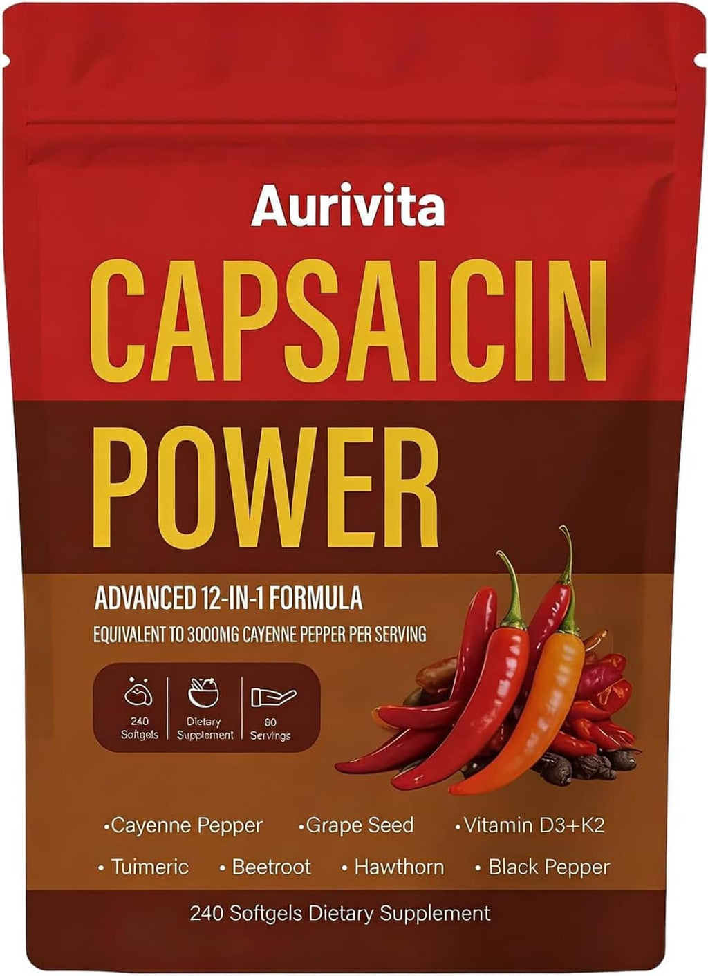 Aurivita Capsaicin Power softgels pouch with red chili image and large Capsaicin Power title