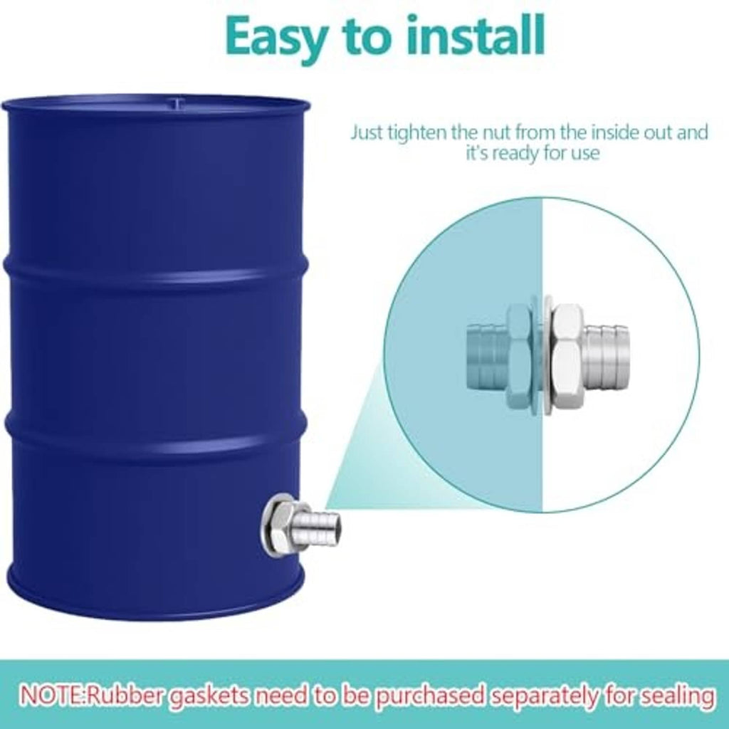 Hose barb bulkhead fitting in stainless steel installed on a blue container wall