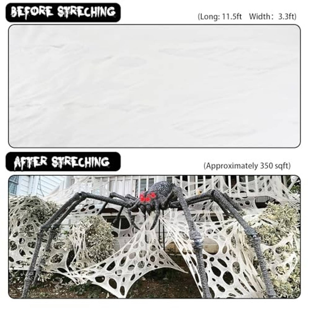 White Halloween spider web decoration before and after stretching with black spiders