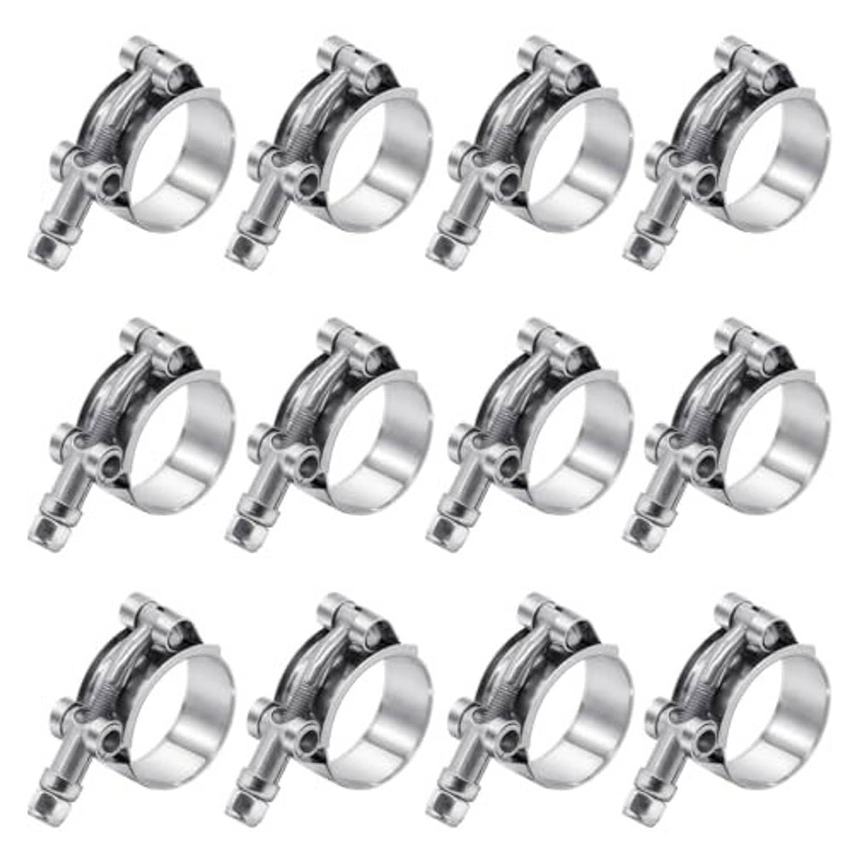 12-pack stainless T-bolt hose clamps with silver metal bands and tightened bolts