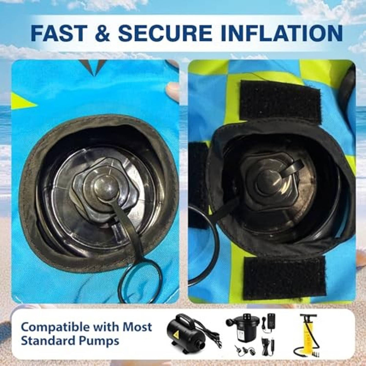 Inflatable towable tube valve with protective cover for inflation and secure connection