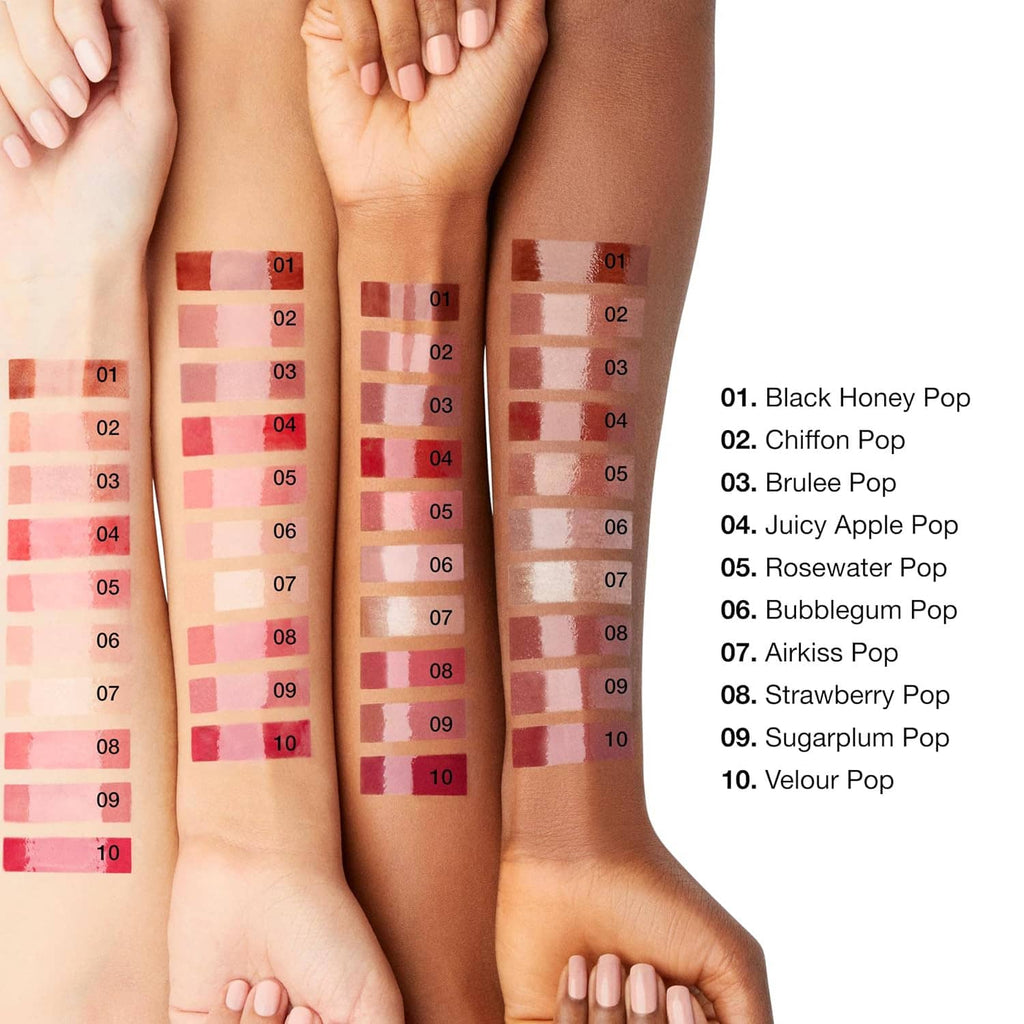 Lip gloss shade swatches on skin in multiple tones, labeled 01–10