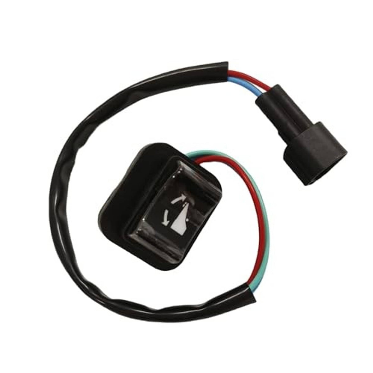 Boat trim tilt power switch with black case, indicator window, and multicolor wire harness