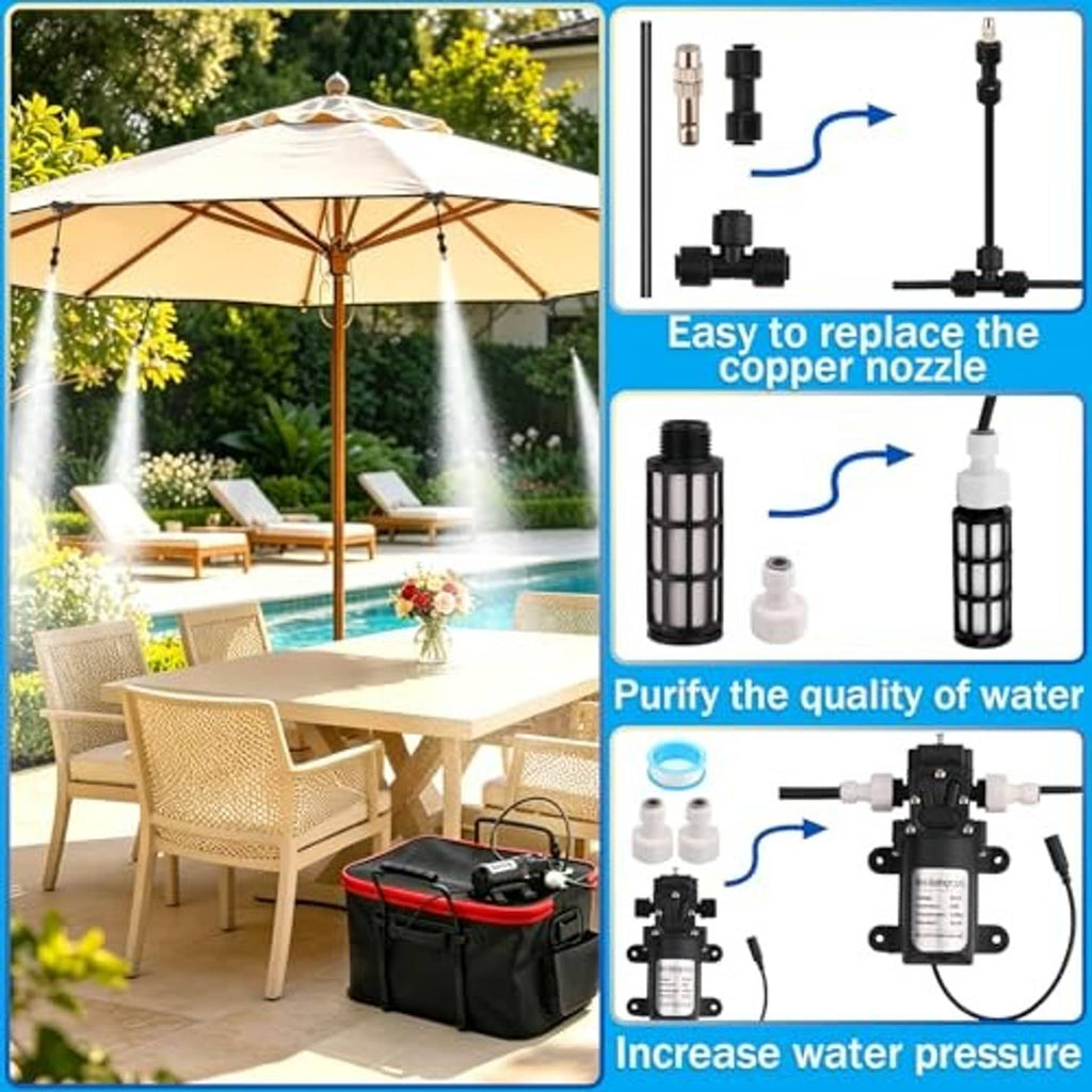 Portable misting system producing fine spray with bucket and replacement nozzle and filter shown
