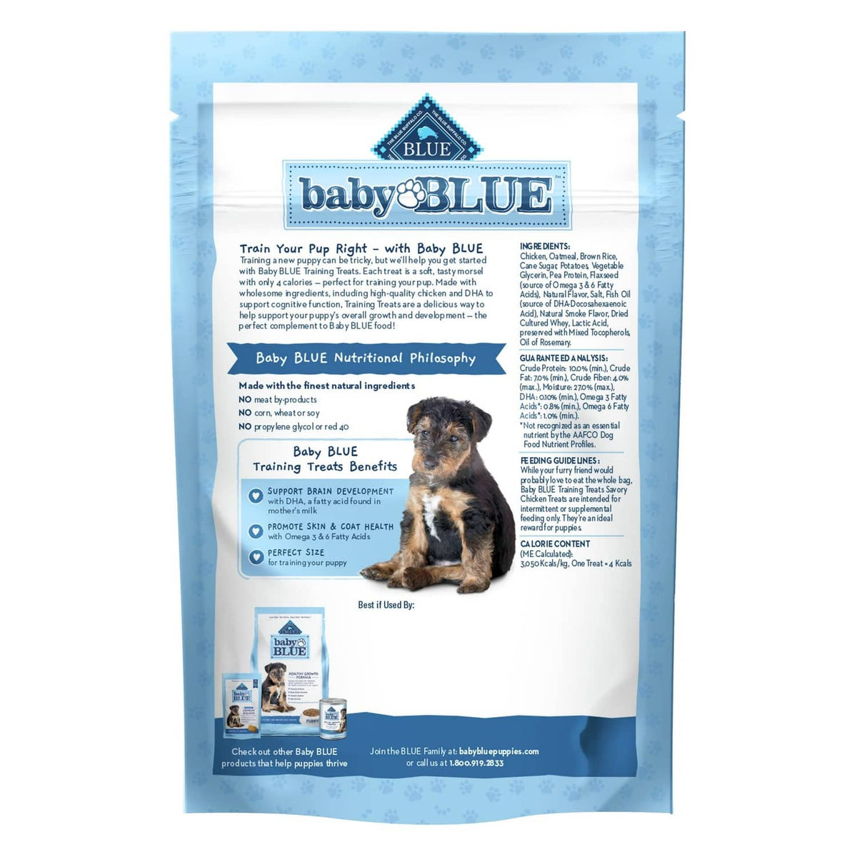 baby BLUE training treats pouch with nutrition and ingredient details on the back panel