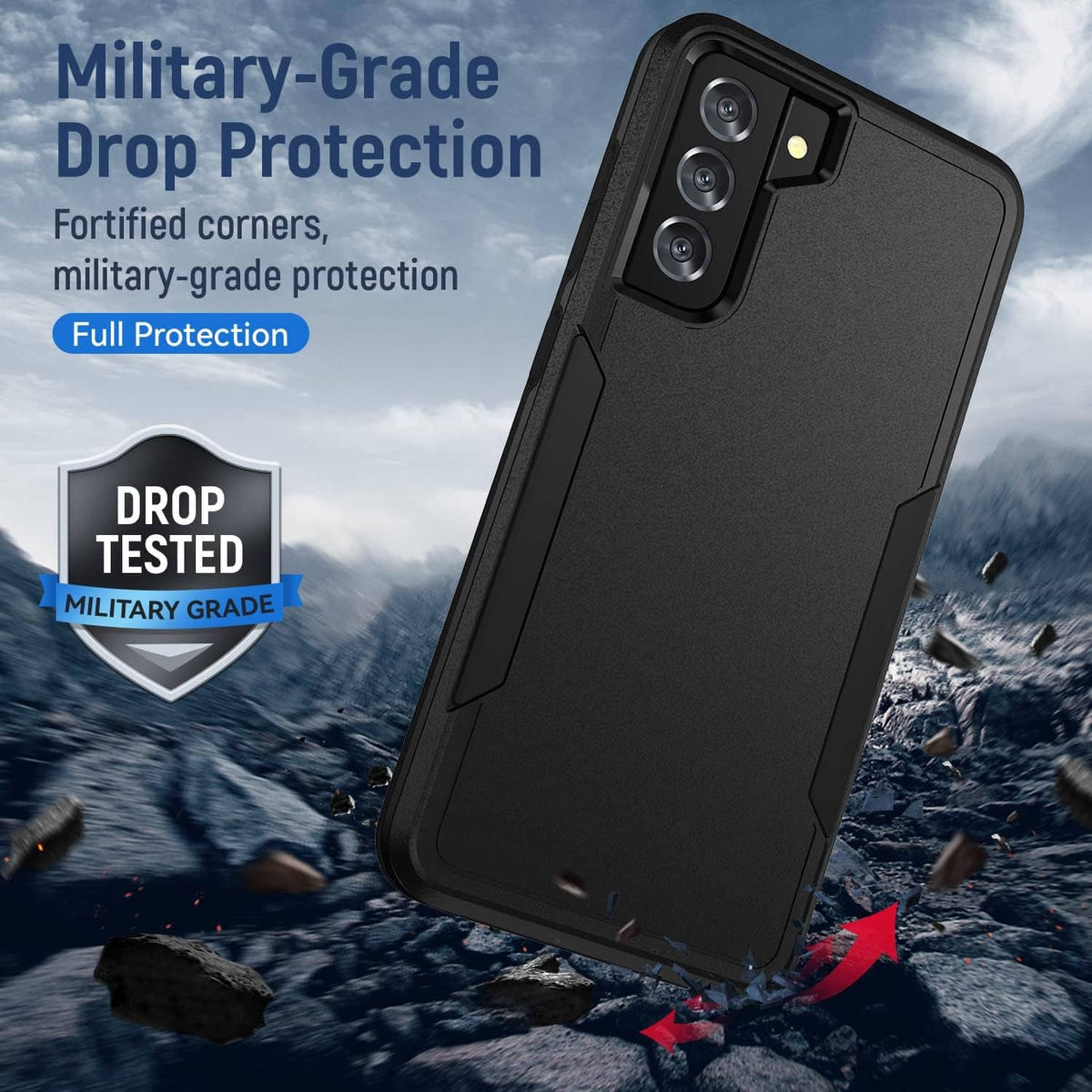 Fortified-corner rugged black phone case with shock-absorbing bumper