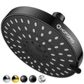 Matte black 6-inch fixed shower head with many spray nozzles and side mount