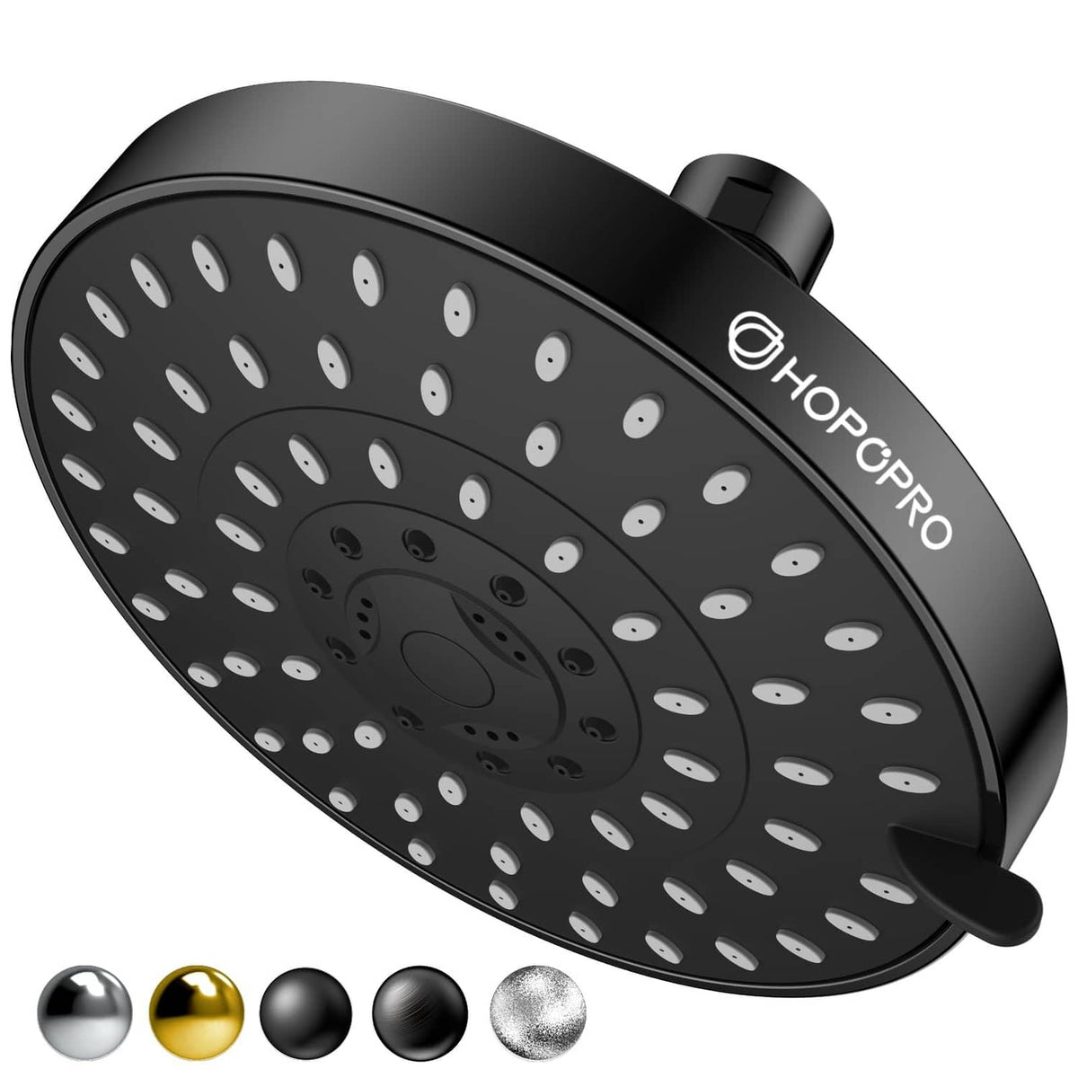 Matte black 6-inch fixed shower head with many spray nozzles and side mount