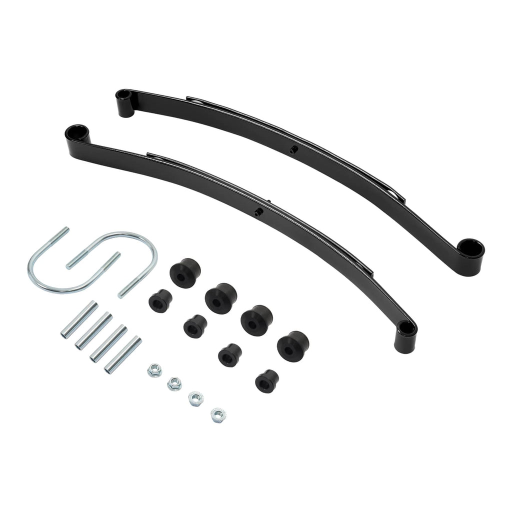 Rear 2-leaf spring kit with bushings and mounting hardware, black metal parts