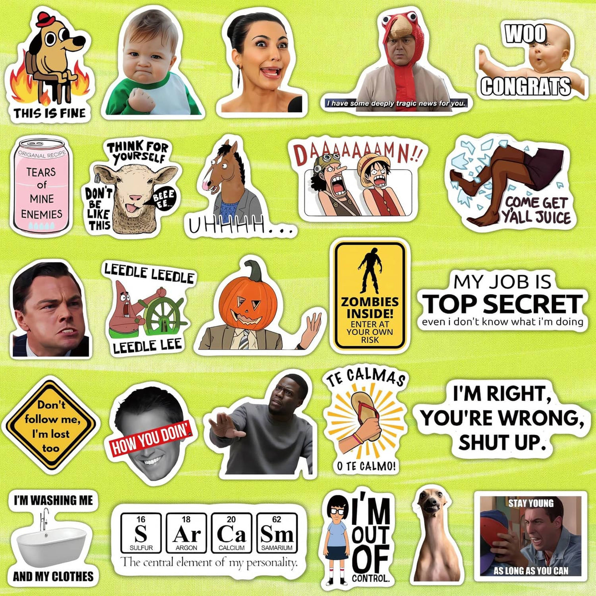 Lime green meme sticker sheet with character faces, jokes, and icons in white outlines