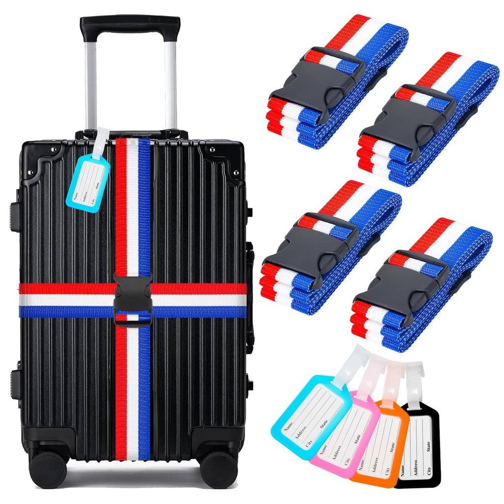 Luggage strap set with blue, red, and white stripe bands and ID tags on a suitcase