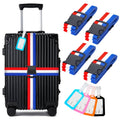 Luggage strap set with blue, red, and white stripe bands and ID tags on a suitcase
