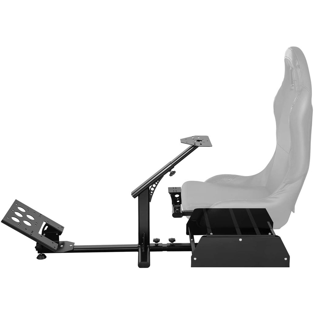 Racing simulator wheel stand with gray seat, steering mount plate, and shifter tray